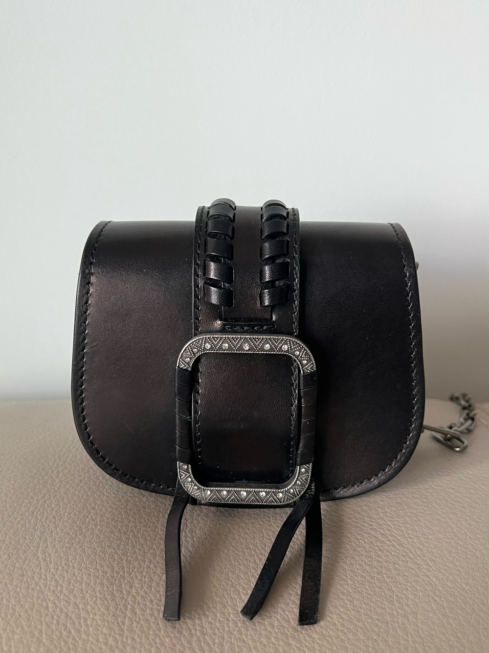 ba&sh Black Leather Crossbody with Embossed Buckle